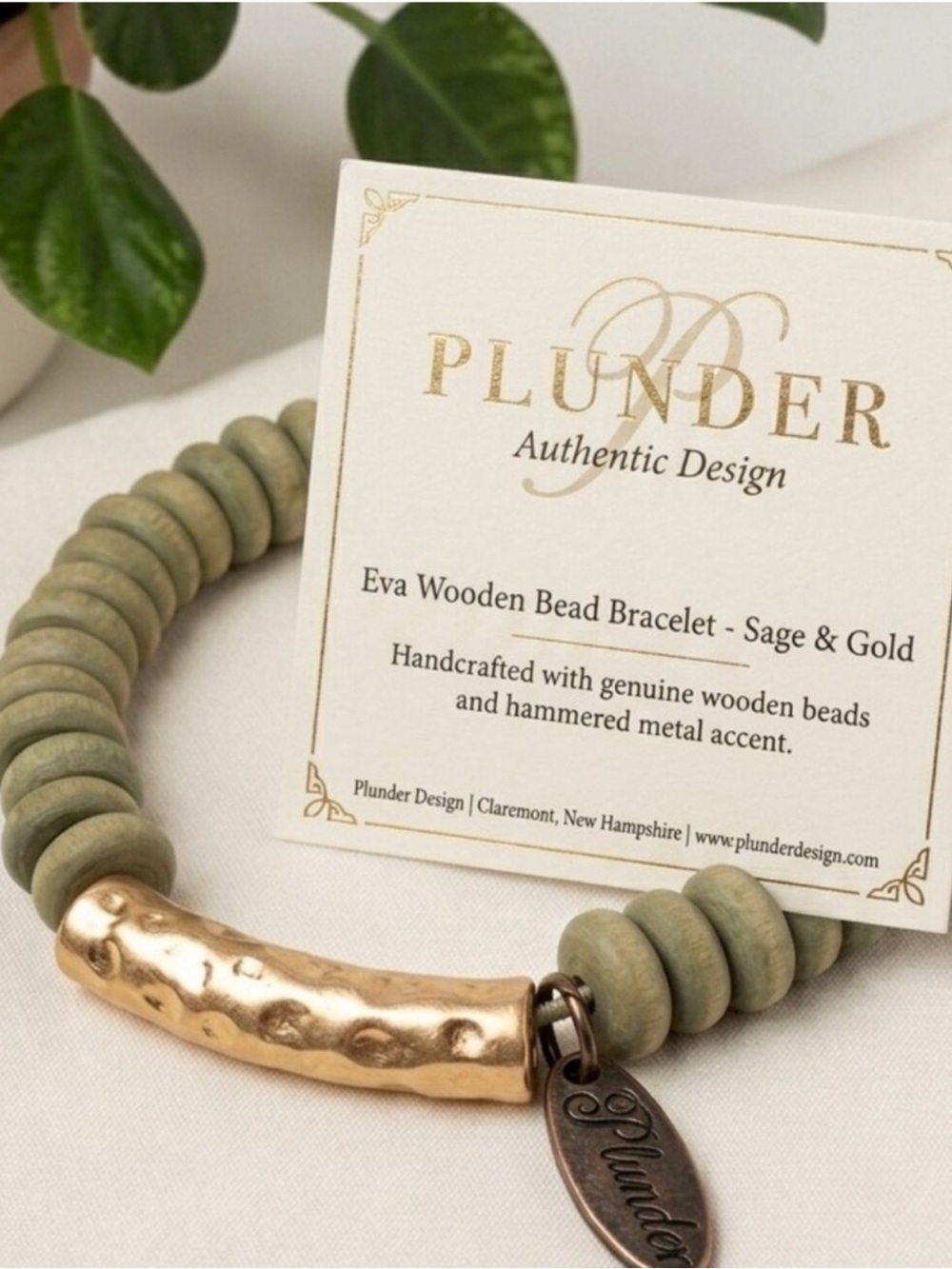 Sage Eva Wooden Bead Bracelet with Gold Tone Hammered